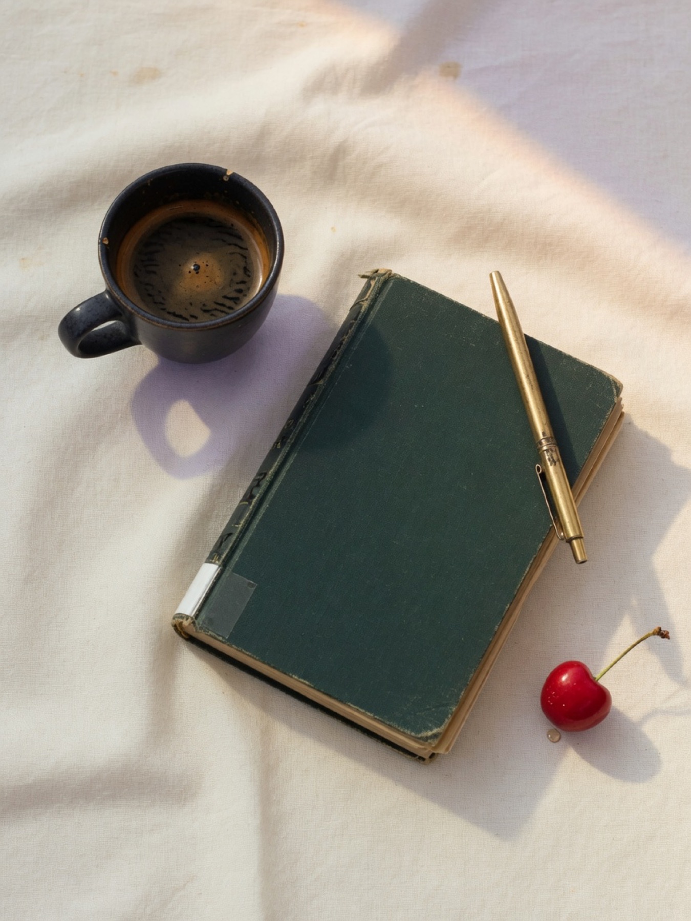 Espresso, a worn green hardcover, a gold pen and a single cherry on cream linen