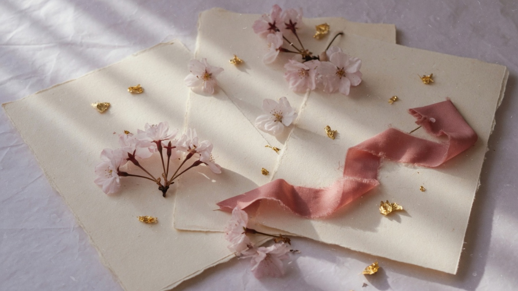 Handmade cream paper with cherry blossoms, gold leaf and a dusty rose ribbon