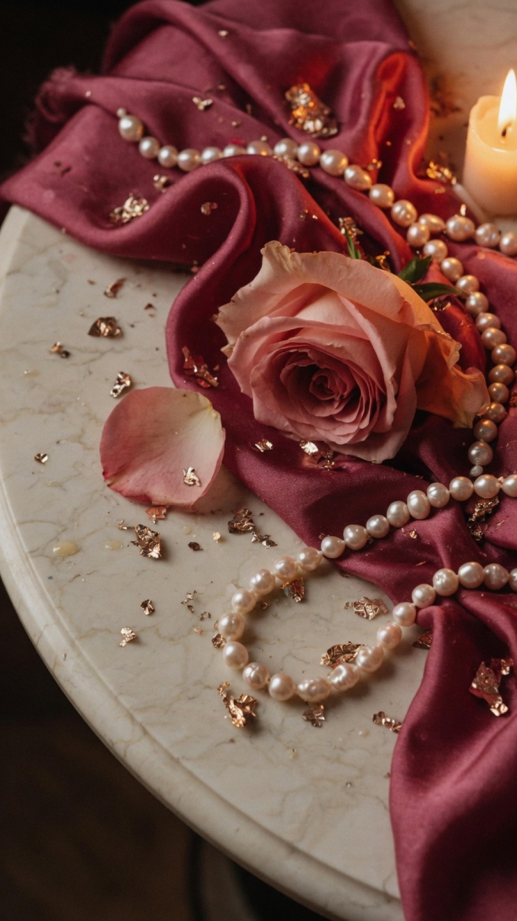 Cherry silk, a blush rose, pearls and gold leaf in candlelight